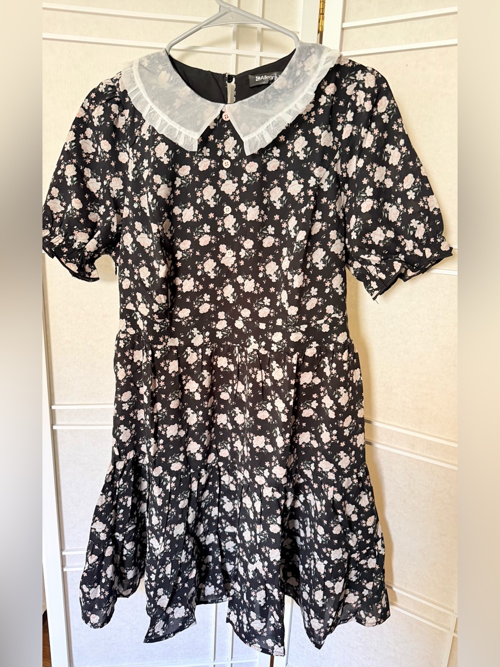 Allegra K Black Dress with Pink Floral Print and White Lace Collar